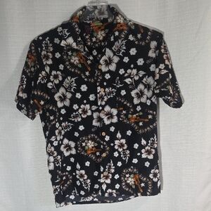 Men's Black White Orange Hawiian Button Down Shirt Size Medium